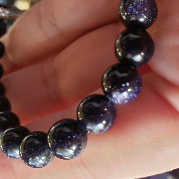 Sparkling Black Goldstone & Lava Rock Handmade Bracelet with Silver Accents. - Picture 6 of 10